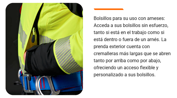 Un trabajador viste una chaqueta de trabajo amarilla y negra con rayas reflectantes y un arnés de escalada. La chaqueta cuenta con bolsillos con cinturón y cremalleras extendidas para un acceso flexible. Junto a la imagen hay un texto informativo sobre bolsas aptas para arneses. Hay un enlace que conduce a la colección PW3™.