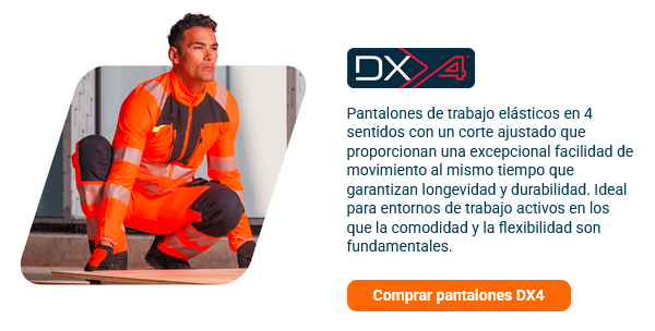 Breve introducción a la colección DX4 con una imagen que muestra a un trabajador con ropa naranja de alta visibilidad levantando una tabla del suelo. Se proporciona un enlace a la colección DX4.