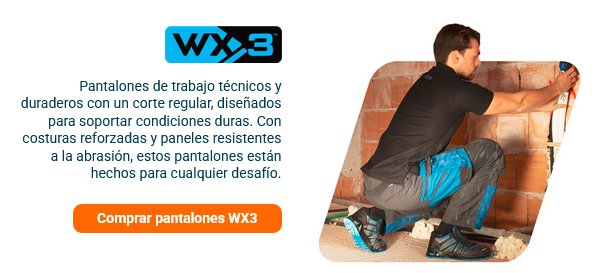 Breve introducción a la colección WX3 con una imagen que muestra a un albañil con ropa de trabajo negra y gris azulada tomando medidas en una pared de ladrillos sin revocar. Se proporciona un enlace a la colección WX3.