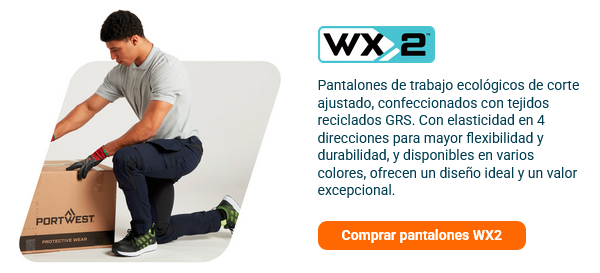 Breve introducción a la colección WX2 con la imagen de un trabajador con pantalones de trabajo negros, un polo gris y guantes. Se arrodilla en el suelo y cierra una caja. Se proporciona un enlace a la colección WX2.