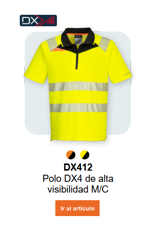 Imagen del polo de alta visibilidad DX4 de manga corta con cremallera frontal DX412 en amarillo con franjas reflectantes y detalles en negro y amarillo. Se proporciona un enlace al artículo.