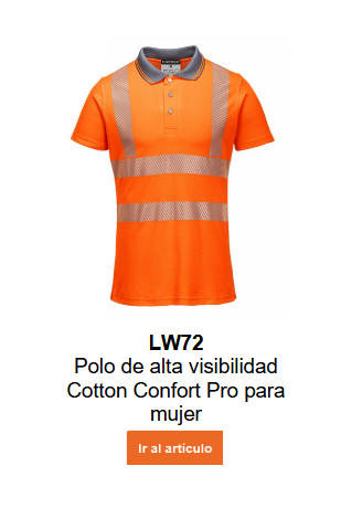 Imagen del polo de alta visibilidad Pro para mujer LW72 en naranja con franjas reflectantes y cuello gris. Se proporciona un enlace al artículo.