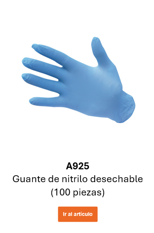 Imagen del guante desechable de nitrilo A925 en azul. Enlace a la página del producto.