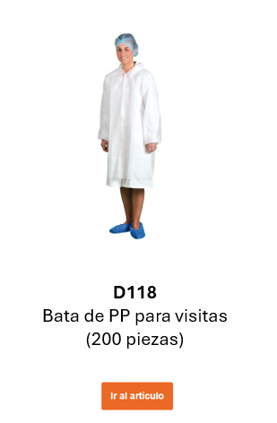Imagen de la bata desechable para visitantes PP D118 en blanco. Enlace a la página del producto.