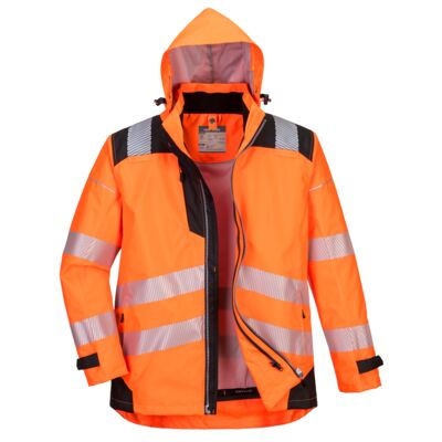 Imagen de la chaqueta de alta visibilidad PW3 3 en 1 en color naranja con detalles negros.