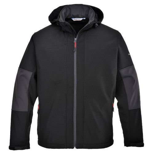 Imagen de la chaqueta softshell impermeable con capucha TK53 en color negro con enlace al artículo.