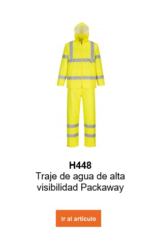 Imagen del traje de lluvia de alta visibilidad H448, fácilmente guardable, en color amarillo, con un enlace que lleva a la página del producto.