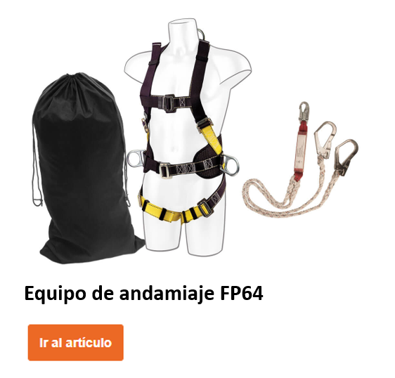 Conjunto de andamio FP64 sobre un maniquí junto con el amortiguador de energía asociado y una bolsa de nailon negra para almacenamiento. Se proporciona un botón naranja con un enlace al artículo.