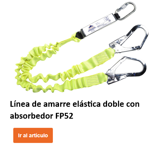 Correa doble elástica con absorbente de energía FP52 en color amarillo con botón naranja que conduce al artículo.