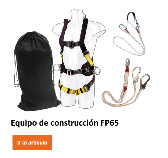 Set de construcción FP65 sobre una muñeca que incluye cordones, absorbedores de energía y la correspondiente bolsa de nailon negra para guardarlo. En la parte inferior de la imagen hay un botón naranja con un enlace al artículo.