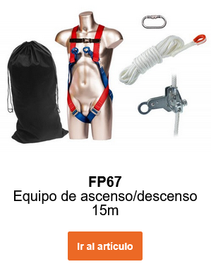 Imagen del conjunto de protección contra caídas 15m FP67 sobre un maniquí con bolsa negra, mosquetones, cuerda y prensor. Enlace a la página del artículo.