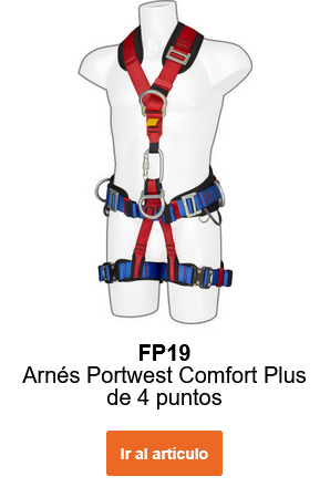 Imagen del arnés Portwest 4-Punto Komfort Plus FP19 en azul, rojo y negro sobre un maniquí. Enlace a la página del artículo.