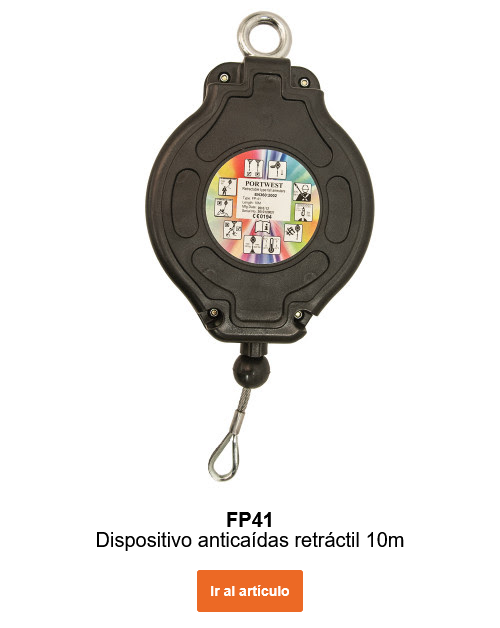 Imagen del dispositivo de seguridad en altura con cable de acero 10m FP41 en negro con ojales plateados. Enlace a la página del artículo.