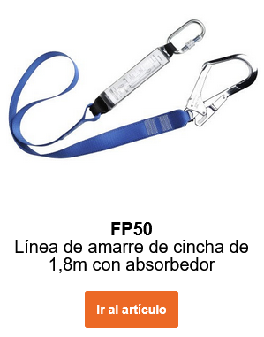 Imagen de cuerda de retención con absorbedor de energía FP50 en azul con mosquetones plateados. Enlace a la página del artículo.