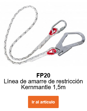 Imagen de cuerda de conexión con núcleo trenzado FP20 en blanco con detalles grises y rojos y mosquetones plateados. Enlace a la página del artículo.