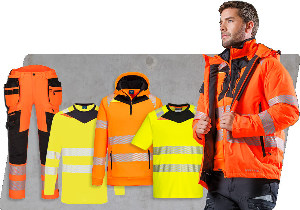 Varios modelos de la colección DX4 en color amarillo alta visibilidad y naranja alta visibilidad, además de un modelo masculino con chaqueta naranja de alta visibilidad y pantalón de trabajo negro. Hay un enlace a nuestra colección DX4.