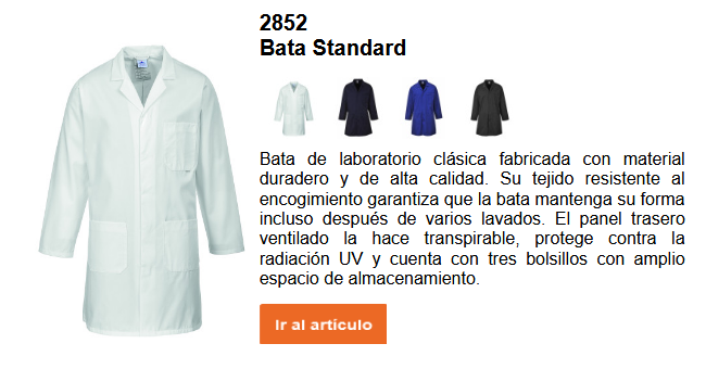 Imagen de la bata de trabajo estándar 2852 en blanco, junto con una breve descripción del artículo, que puede consultarse en la página del producto. Se proporciona un enlace al producto.