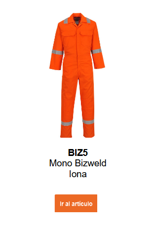 Imagen del mono ignífugo Bizweld Iona BIZ5 en naranja. Enlace al artículo.