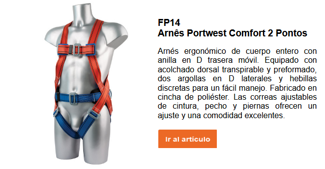 Imagen del arnés anticaídas Portwest FP14 de 2 puntos de confort en rojo y azul, junto con una breve descripción del producto, que puede consultarse en la página del producto. Se incluye un enlace al producto.