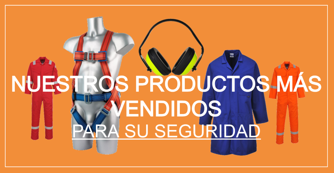 Una selección de nuestros productos más solicitados (mono ignífugo antiestático Bizflame FR21 de 210 g en rojo, arnés de confort de 2 puntos Portwest FP14 en rojo y azul sobre un torso de plástico gris, orejeras clásicas PW40 en negro y amarillo, bata de trabajo estándar 2852 en azul y mono ignífugo Bizweld Iona BIZ5 en naranja) sobre un fondo naranja. Delante de ellos se lee "Nuestros productos más vendidos para su seguridad" en letras mayúsculas blancas.