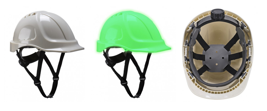 Imagen de ejemplo del casco de seguridad Endurance Glowtex por triplicado: vista diurna del casco blanco, vista nocturna del casco luminoso verde y vista interior mirando las correas ajustables. Un clic en la imagen le llevará directamente a la página del artículo del casco.