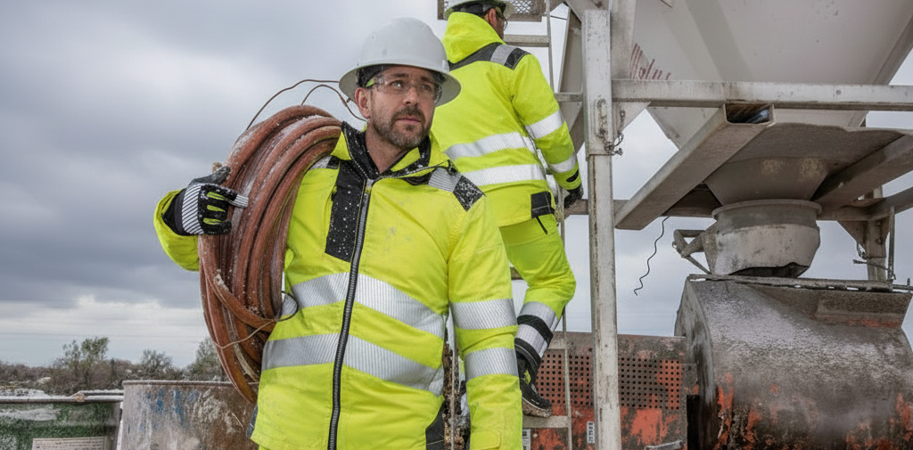 Dos trabajadores visten ropa de invierno amarilla de alta visibilidad con bandas reflectantes y detalles negros. Ambos llevan guantes, casco y gafas de seguridad. El hombre en primer plano lleva una manguera enrollada sobre el hombro derecho. Al fondo, se ve un silo blanco y un paisaje nevado.