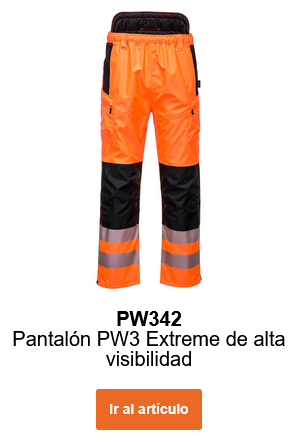 Imagen del pantalón impermeable de alta visibilidad PW3 Extreme PW342 en color naranja con bandas reflectantes y detalles negros. Incluye un enlace al artículo.