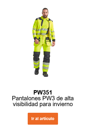 Imagen de un trabajador con cabello castaño y barba que lleva el pantalón de invierno de alta visibilidad PW3 PW351 en amarillo con chaqueta a juego. Incluye un enlace al pantalón.