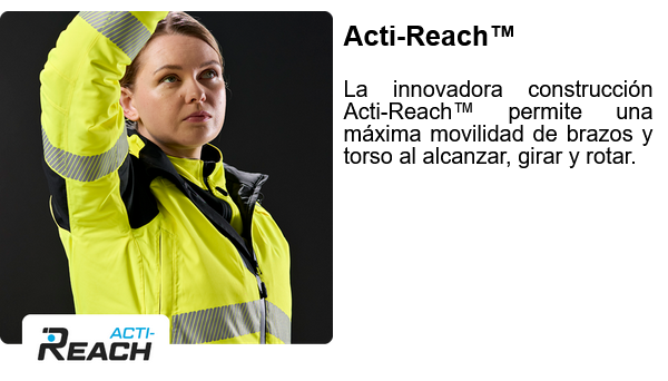 Trabajadora con chaleco de alta visibilidad PW3 levantando el brazo por encima de la cabeza.