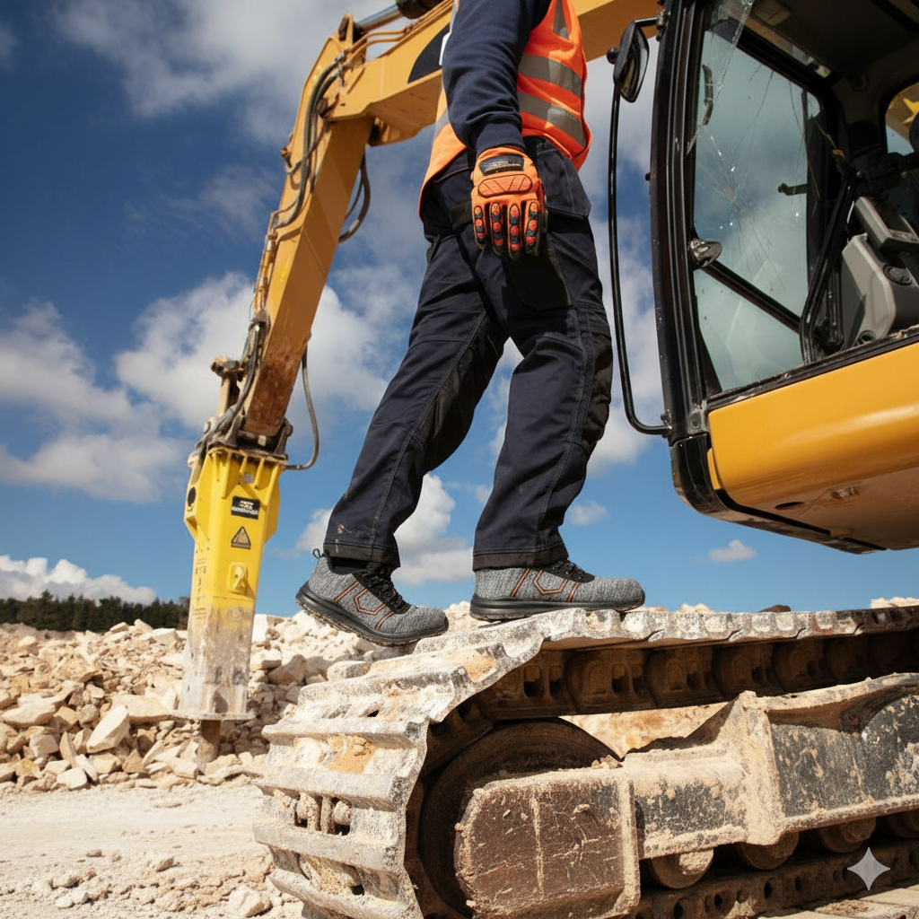 Trabajador de la construcci&oacute;n con chaleco de alta visibilidad y guantes de pie sobre las orugas de una excavadora amarilla con martillo hidr&aacute;ulico, rodeado de piedras en una obra bajo un cielo azul.