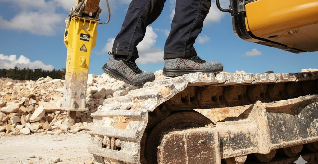 Un trabajador de la construcci&oacute;n con chaleco de alta visibilidad y guantes se encuentra sobre las orugas de una excavadora amarilla con un martillo hidr&aacute;ulico, rodeado de piedras en una obra bajo un cielo azul.