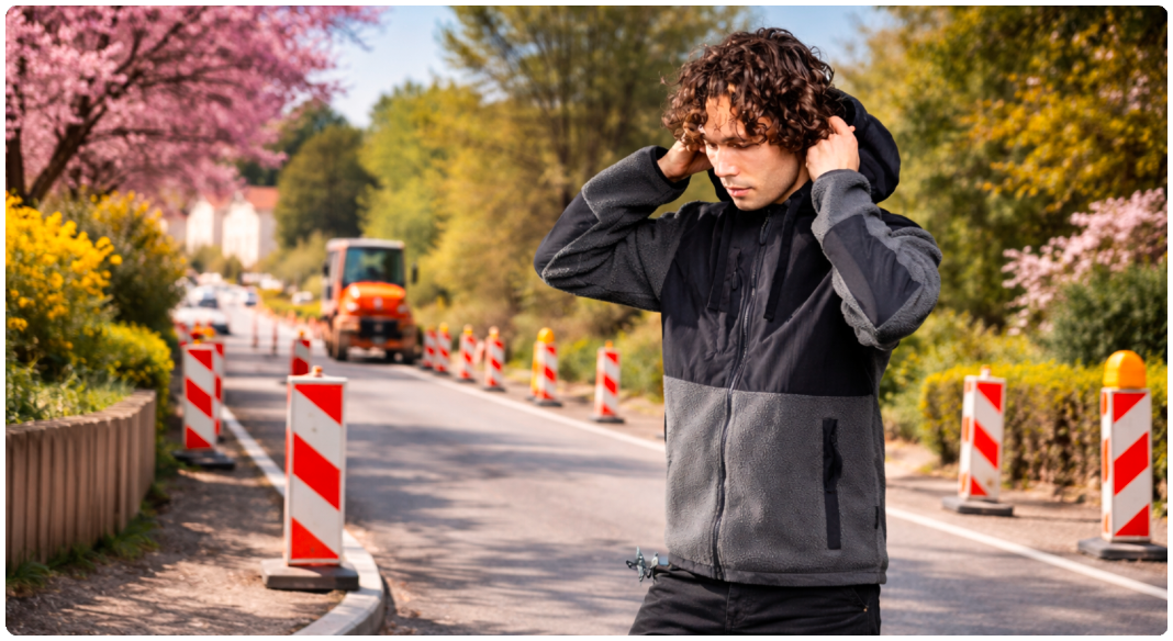 Un hombre con una chaqueta de forro polar gris y negra en una obra vial en primavera. Se ajusta la capucha, mientras que al fondo se aprecian barreras de construcci&oacute;n rojas y blancas, un veh&iacute;culo de construcci&oacute;n naranja y &aacute;rboles en flor a lo largo de la carretera. Se incluye un enlace a la chaqueta polar.