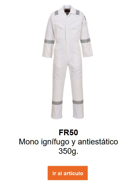Imagen del mono ignífugo y antiestático Bizflame 350 g FR50 en blanco. Enlace a la página del producto.