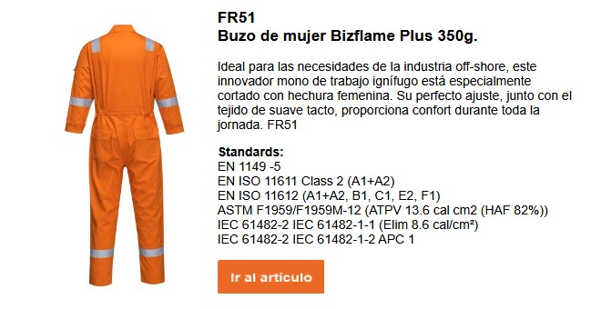 Imagen del mono de trabajo Bizflame Plus para mujer, 350 g, FR51, en color naranja. Se proporciona un enlace a la página del producto.