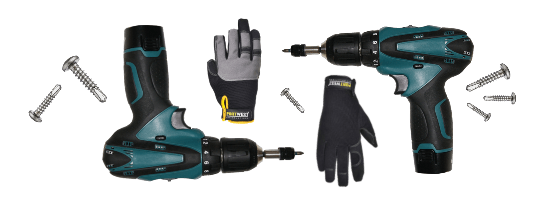 Collage con atornilladores inal&aacute;mbricos, los guantes de altas prestaciones A700 y A740 y varios tornillos