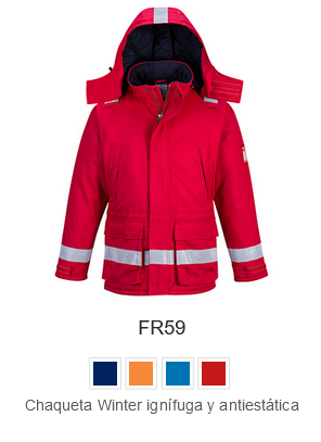 Imagen de ejemplo de la chaqueta de invierno antiestática FR59 en color rojo con enlace al artículo.
