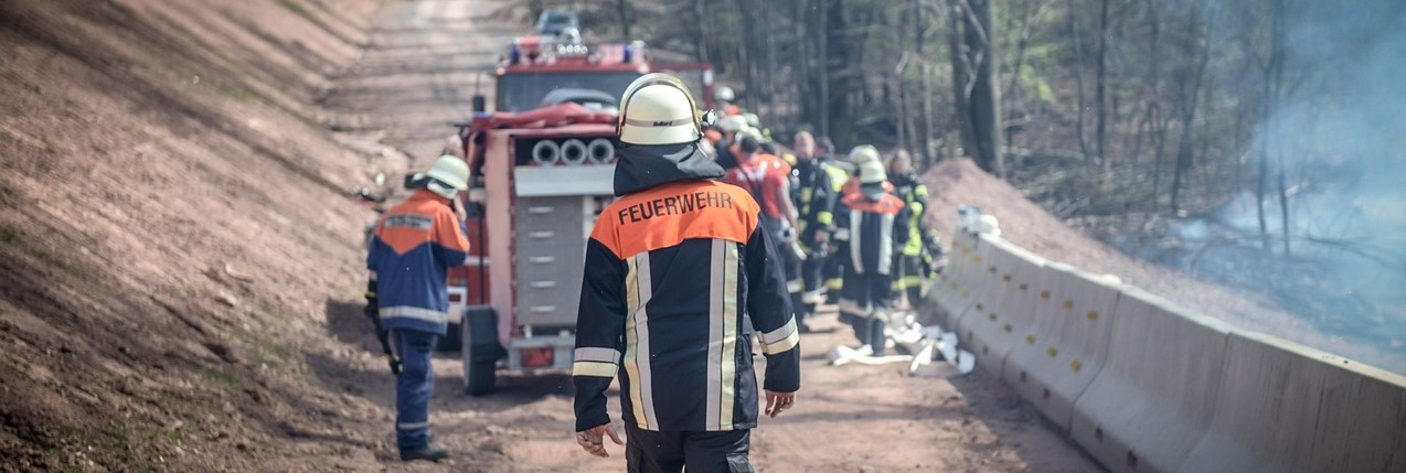 Vista trasera de un bombero en plena marcha. Al fondo se puede ver un camión de bomberos en un camino forestal y un grupo de bomberos trabajando.