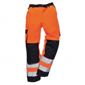 Pantalones Lyon de alta visibilidad Portwest TX51 en naranja/azul. Hay un enlace a la p&aacute;gina del art&iacute;culo.