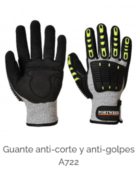 Guante Anti Impact Cut Protection 5 A722 en color negro, amarillo y gris con enlace al artículo.