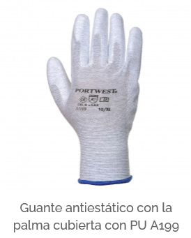 Imagen del guante de palma de PU antiestático A199 en color gris con enlace al artículo.
