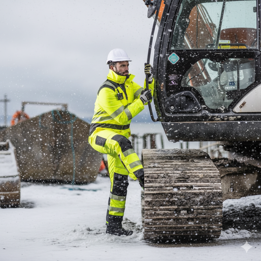 Un trabajador lleva el mono de invierno de alta visibilidad PW3 PW352 en color amarillo con bandas reflectantes mientras sube a una excavadora. Al fondo se observa una obra cubierta de nieve y otras m&aacute;quinas de construcci&oacute;n.