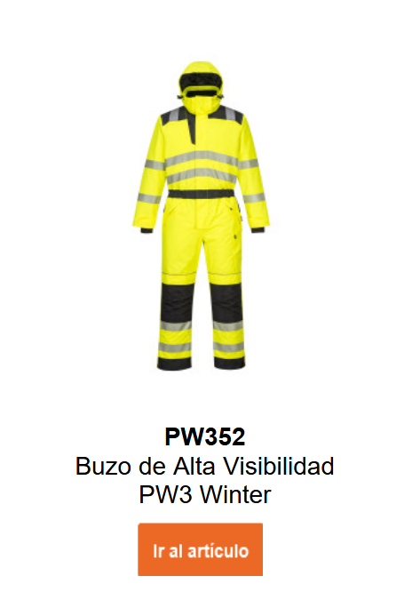 Imagen del mono de invierno de alta visibilidad PW3 PW352 en color amarillo con detalles negros y bandas reflectantes.