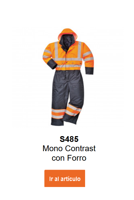 Imagen del mono acolchado Hi-Vis de contraste S485 en color naranja con detalles negros y bandas reflectantes.