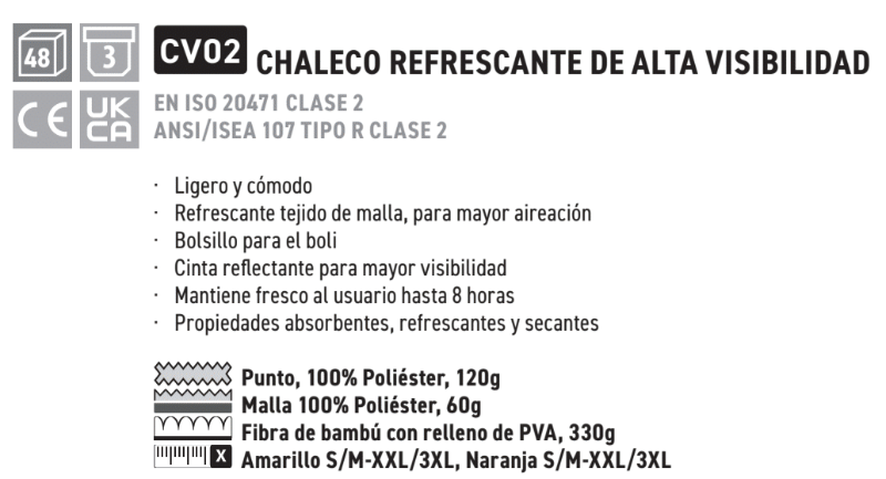 Descripción de las propiedades del chaleco refrigerante de alta visibilidad CV02 con enlace al artículo. Si sigues el enlace encontrarás las descripciones en detalle.