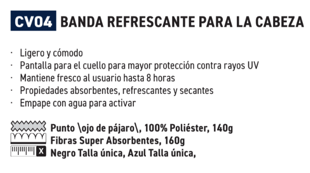 Descripción de las propiedades del pañuelo refrescante CV04 con enlace al artículo. Si sigues el enlace encontrarás las descripciones en detalle.