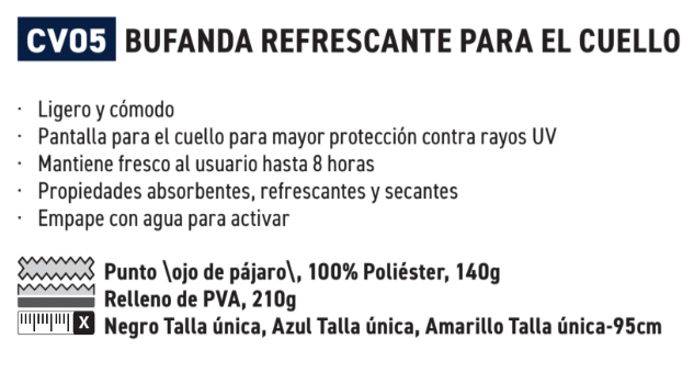 Descripción de las propiedades de la banda de cuello de refrigeración CV05 con enlace al artículo. Si sigues el enlace encontrarás las descripciones en detalle.