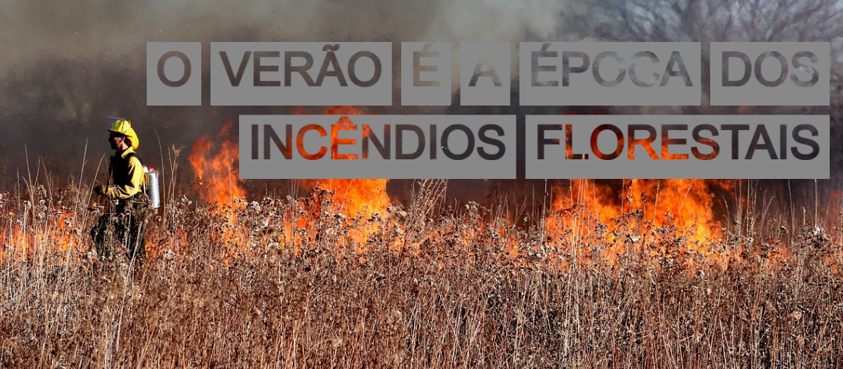 Un bombero con equipo de protección amarillo avanza por un campo seco y en llamas. Al fondo, se ven llamas altas y el cielo está oscurecido por el humo. Sobre la imagen, en letras grandes y de alto contraste, se lee: "El verano es tiempo de incendios forestales". Parte del texto tiene un fondo transparente que permite ver las llamas.