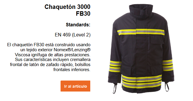 Imagen de la chaqueta de bombero FB30 en azul oscuro con bandas reflectantes y bandas de advertencia amarillas. Junto a la imagen se encuentra un breve texto explicativo. Puede consultarlo en la página del producto. El enlace proporciona acceso a la página del producto.