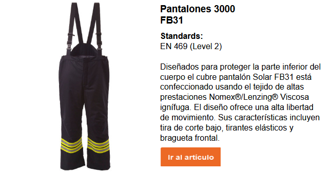 Imagen de la chaqueta de bombero FB31 en azul oscuro con bandas reflectantes y bandas de advertencia amarillas. Junto a la imagen se encuentra un breve texto explicativo. Puede consultarlo en la página del producto. El enlace proporciona acceso a la página del producto.