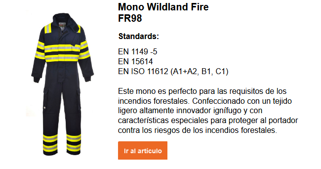 Imagen del mono ignífugo Bizflame Forest Fire FR98 en azul oscuro con bandas reflectantes y bandas de advertencia amarillas. Junto a la imagen se incluye un breve texto explicativo. Puede consultarlo en la página del producto. El enlace proporciona acceso a la página del producto.